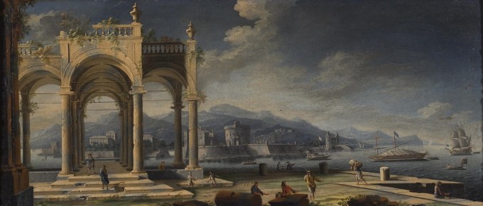 Gennaro_Greco_-_Capriccio_of_ancient_ruins_at_a_Mediterranean_port_with_boats_and_bystanders